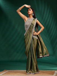Metallic Silk Saree with Mirror & Thread Embroidered Blouse