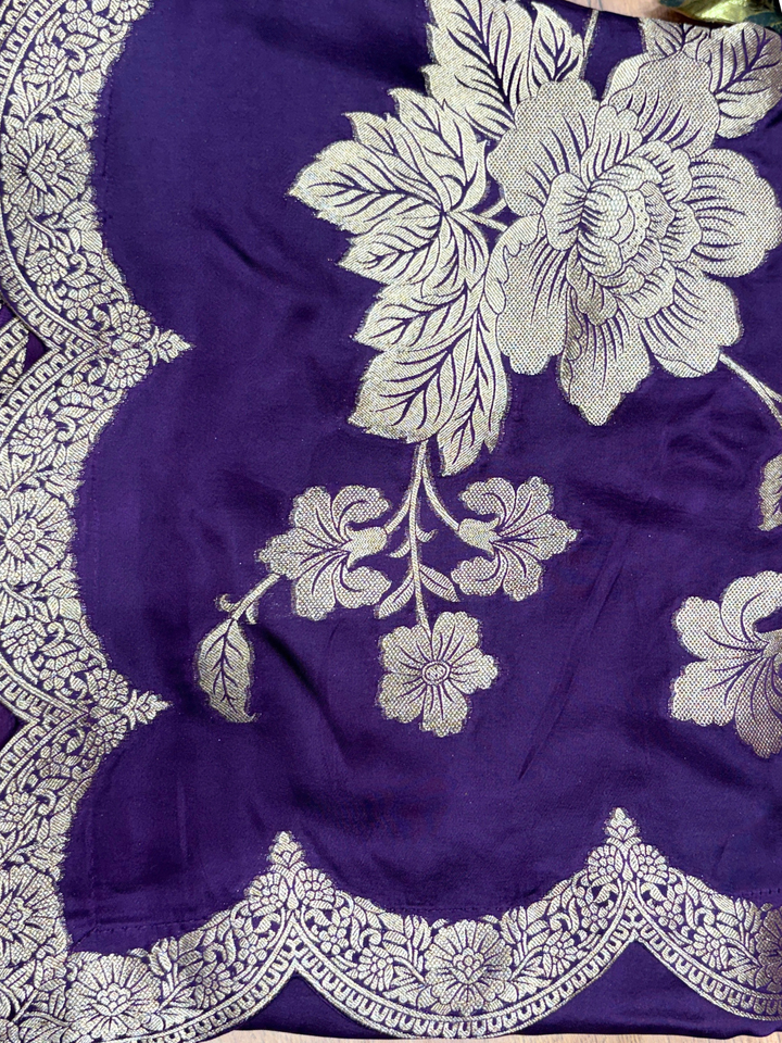 Purple Silk Golden Zari Woven Floral Saree with Scalloped Border