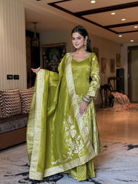Banarasi Silk Kurta Set with Zari Woven Floral Border, Polka Dot Palazzo & Dupatta
