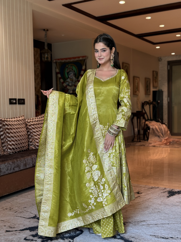 Banarasi Silk Kurta Set with Zari Woven Floral Border, Polka Dot Palazzo & Dupatta