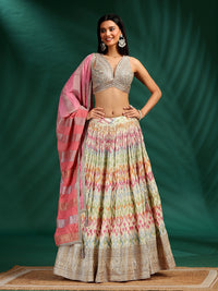 Ikat Printed Lehenga with Sequin Embroidered Blouse & Pink Striped Dupatta