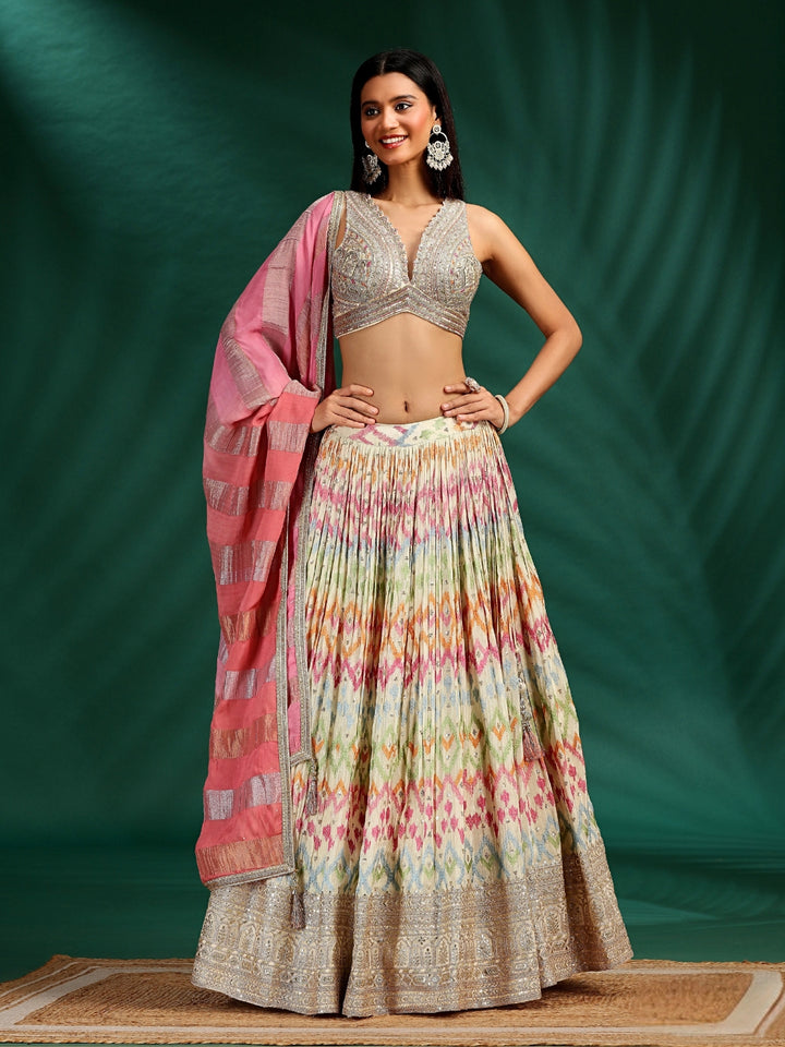 Ikat Printed Lehenga with Sequin Embroidered Blouse & Pink Striped Dupatta