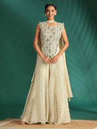 Mirror Work & Tasseled Peplum Kurta Set with Embellished Flared Palazzo and Dupatta