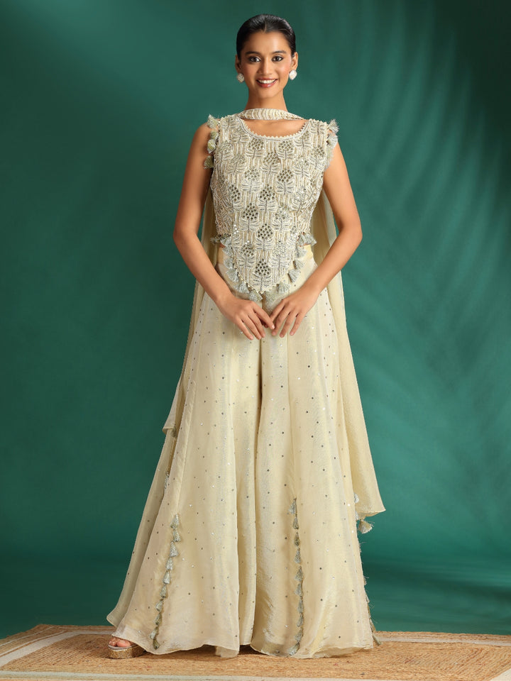 Mirror Work & Tasseled Peplum Kurta Set with Embellished Flared Palazzo and Dupatta