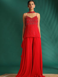 Spaghetti Strap and Embellished Top with Flared Palazzo and Dupatta