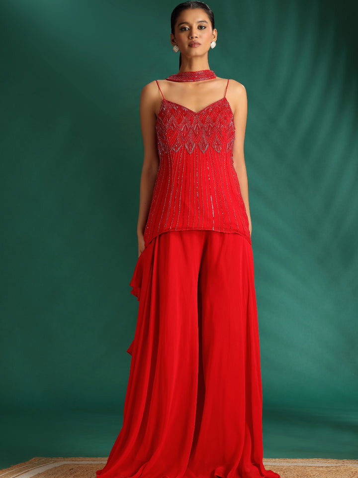 Spaghetti Strap and Embellished Top with Flared Palazzo and Dupatta