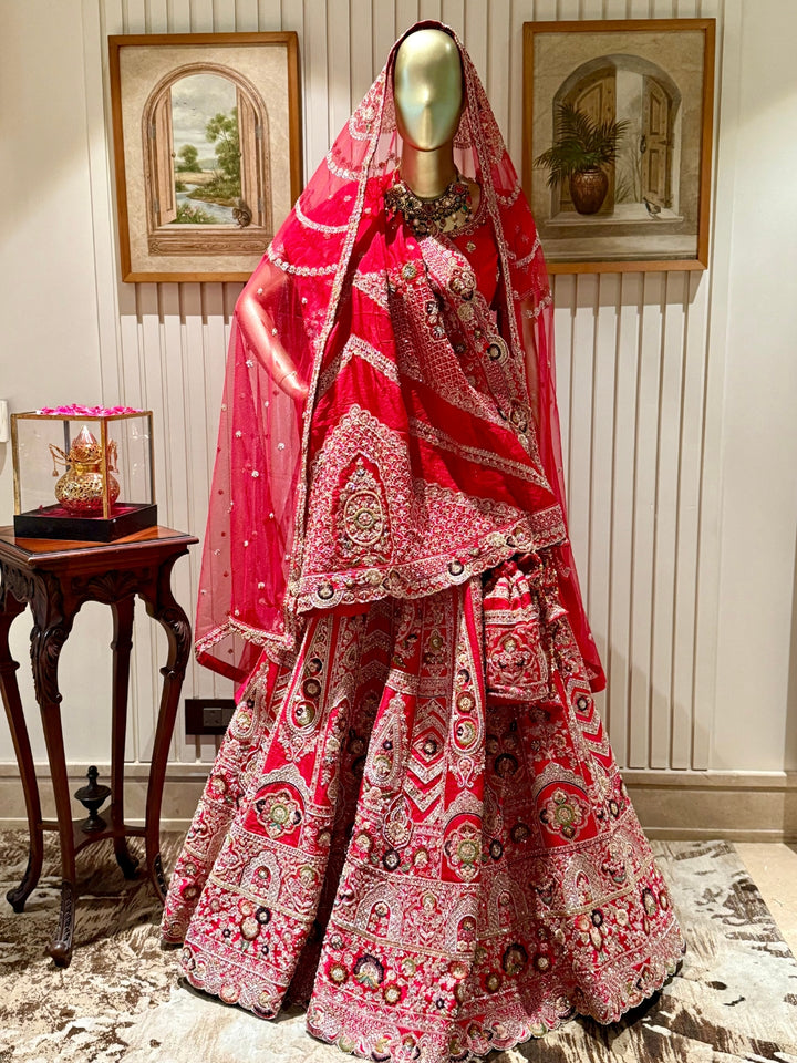 Heavy Bridal Lehenga Choli Set with Traditional Embroidery, Mirror Work, Dupatta and Potli Bag