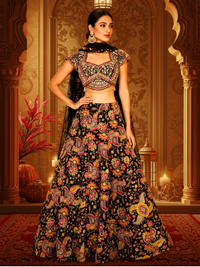 Black Silk Lehenga Choli with Multicolour Resham Paisley & Floral Print, Zari & Pearl Embroidered Blouse with Black Dupatta