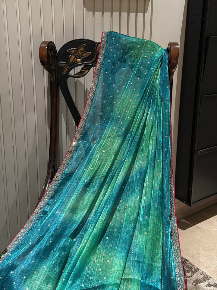 Ombre Shimmer Saree with Silver Sequin Buttas & Dual-Tone Woven Border