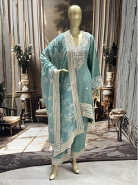 Silk-blend embroidered kurta set with mirror-work yoke & scallop lace dupatta.