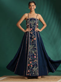 Embroidered Spaghetti Strap Flared Gown with Nature-Inspired Motifs