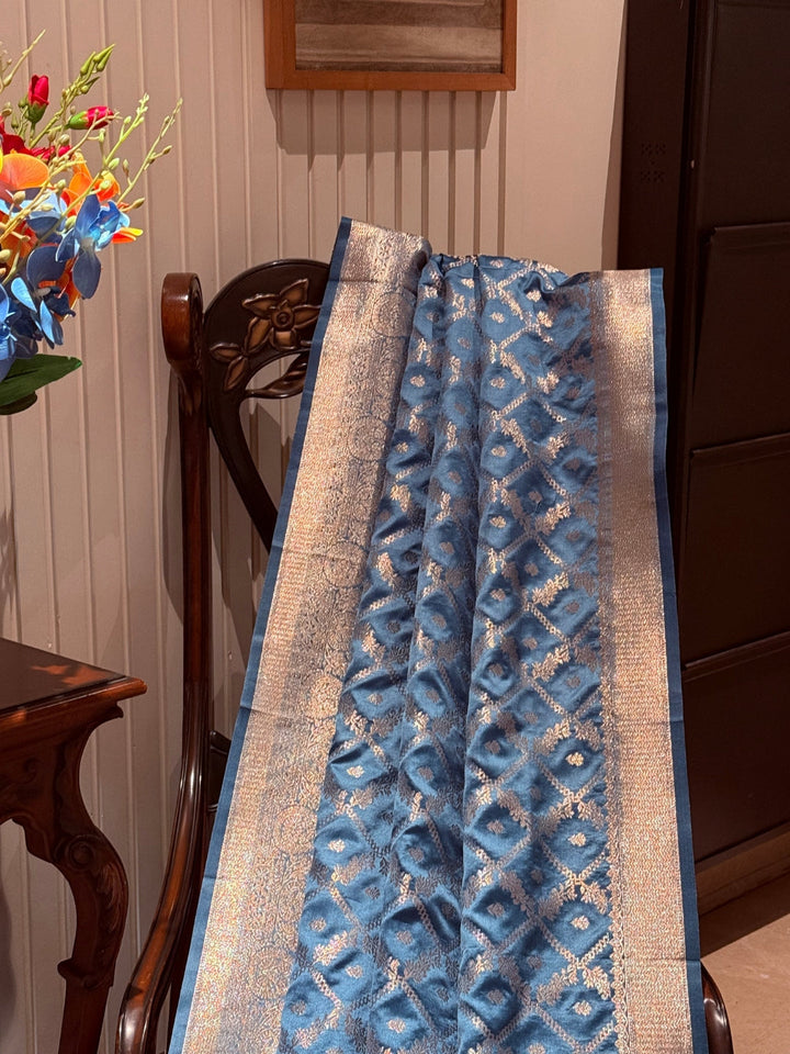 Banarasi Art Silk Saree with Silver Geometric Jaal & Rich Brocade Border