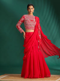 Intricate Embroidery with Floral Motifs & Sequin Detailing Blouse and Ruffled Lehenga with attached Dupatta
