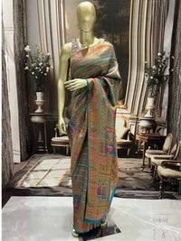 Teal Banarasi Silk Saree with Multicolour Royal Procession Pallu & Temple Border