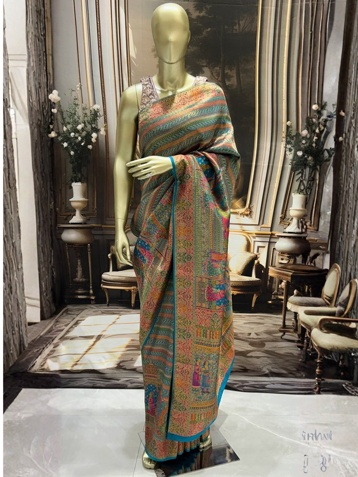 Teal Banarasi Silk Saree with Multicolour Royal Procession Pallu & Temple Border