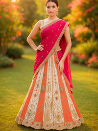 Ivory Orange Silk Lehenga with Pink Dupatta & Zari Embroidery Detailing