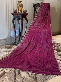 Magenta Chiffon Vertical Stripe Sequin Embellished Saree with Scalloped Sequin Border.