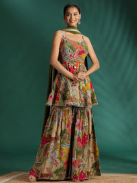 Multicolor Floral & Abstract Embroidery with Mirror and Sequin Work Peplum Kurta Sharara Set with Dupatta