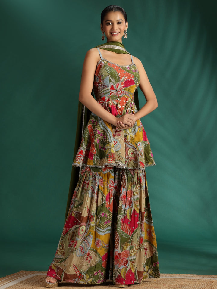 Multicolor Floral & Abstract Embroidery with Mirror and Sequin Work Peplum Kurta Sharara Set with Dupatta