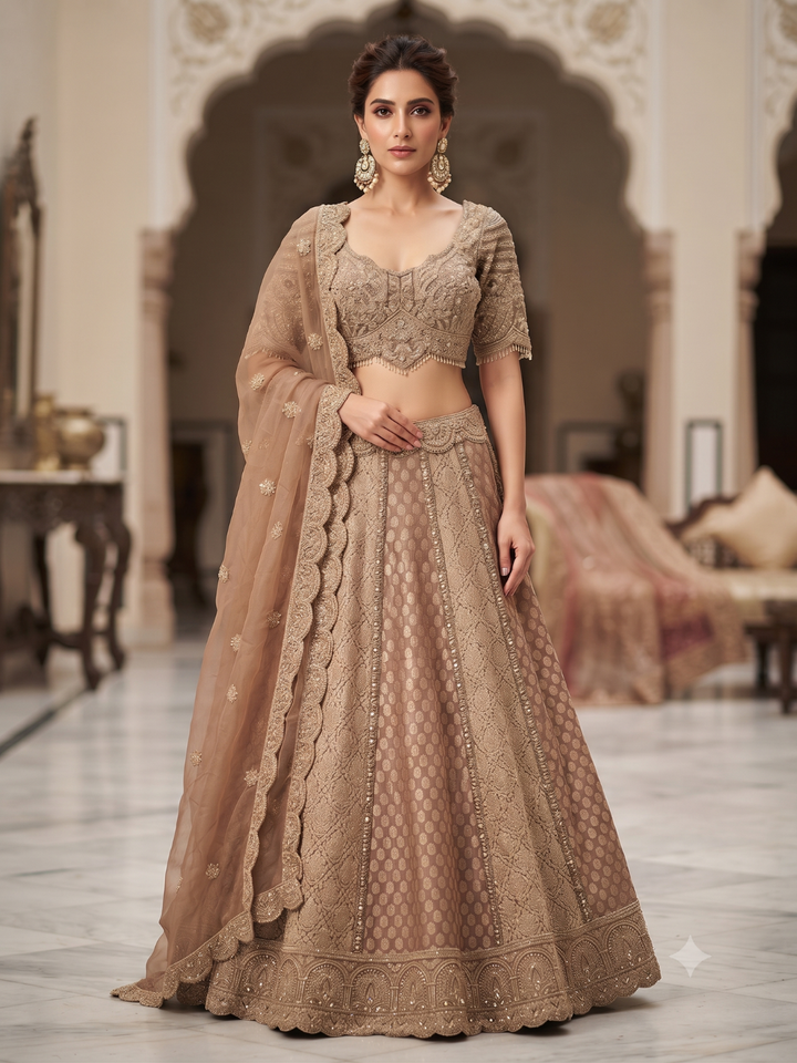 Net Bridal Lehenga Choli with Heavy Zari, Cutdana & Stone Embroidery with Scalloped Dupatta