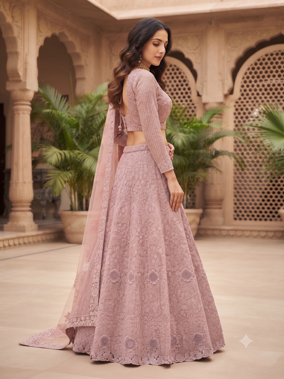 Dusty Pink Net Lehenga Choli with Heavy Resham, Cutdana & Pearl Embroidery with Sequin Striped Sleeves & Net Dupatta