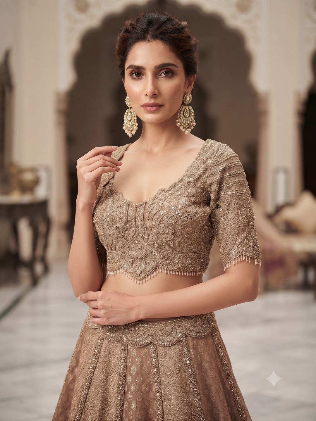 Net Bridal Lehenga Choli with Heavy Zari, Cutdana & Stone Embroidery with Scalloped Dupatta