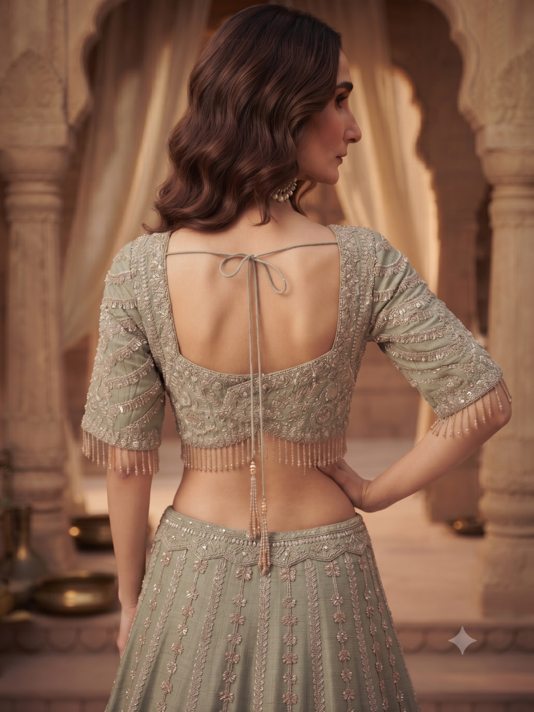 Sage Green Ombre Silk Bridal Lehenga Choli with Heavy Zari, Resham & Cutdana Floral Embroidery with Crystal Tassel Hem & Dupatta