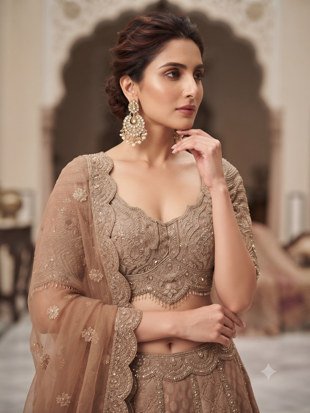 Net Bridal Lehenga Choli with Heavy Zari, Cutdana & Stone Embroidery with Scalloped Dupatta