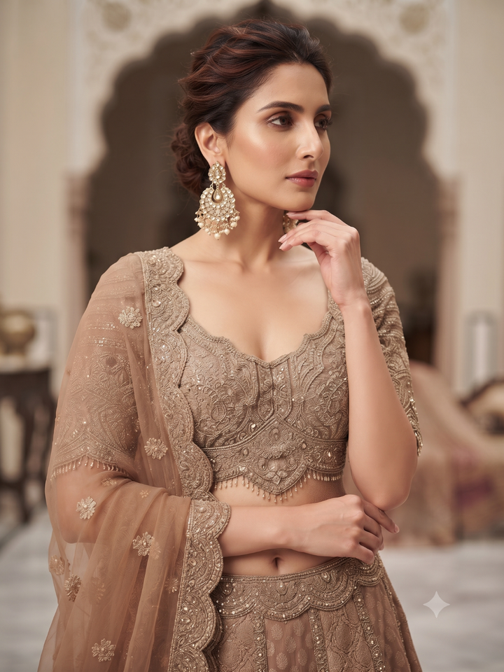 Net Bridal Lehenga Choli with Heavy Zari, Cutdana & Stone Embroidery with Scalloped Dupatta