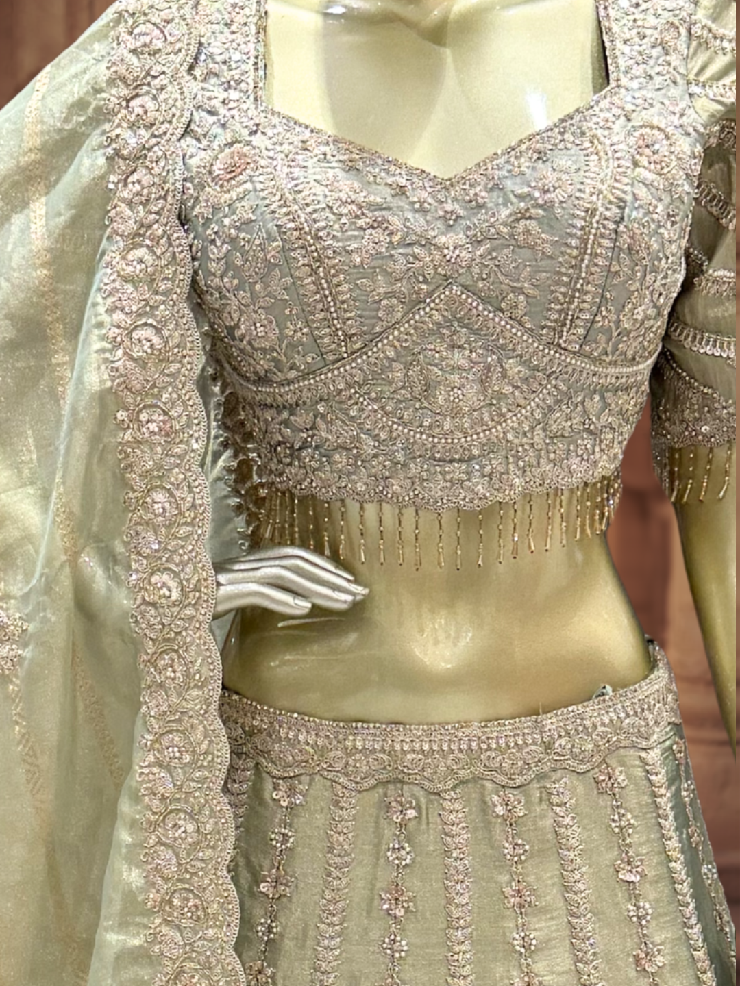 Sage Green Ombre Silk Bridal Lehenga Choli with Heavy Zari, Resham & Cutdana Floral Embroidery with Crystal Tassel Hem & Dupatta