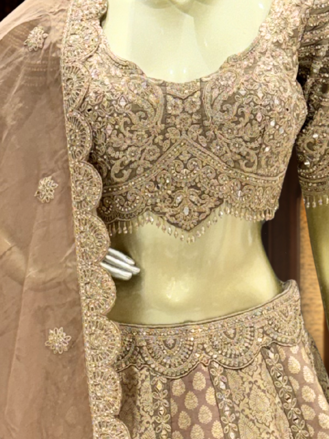 Net Bridal Lehenga Choli with Heavy Zari, Cutdana & Stone Embroidery with Scalloped Dupatta