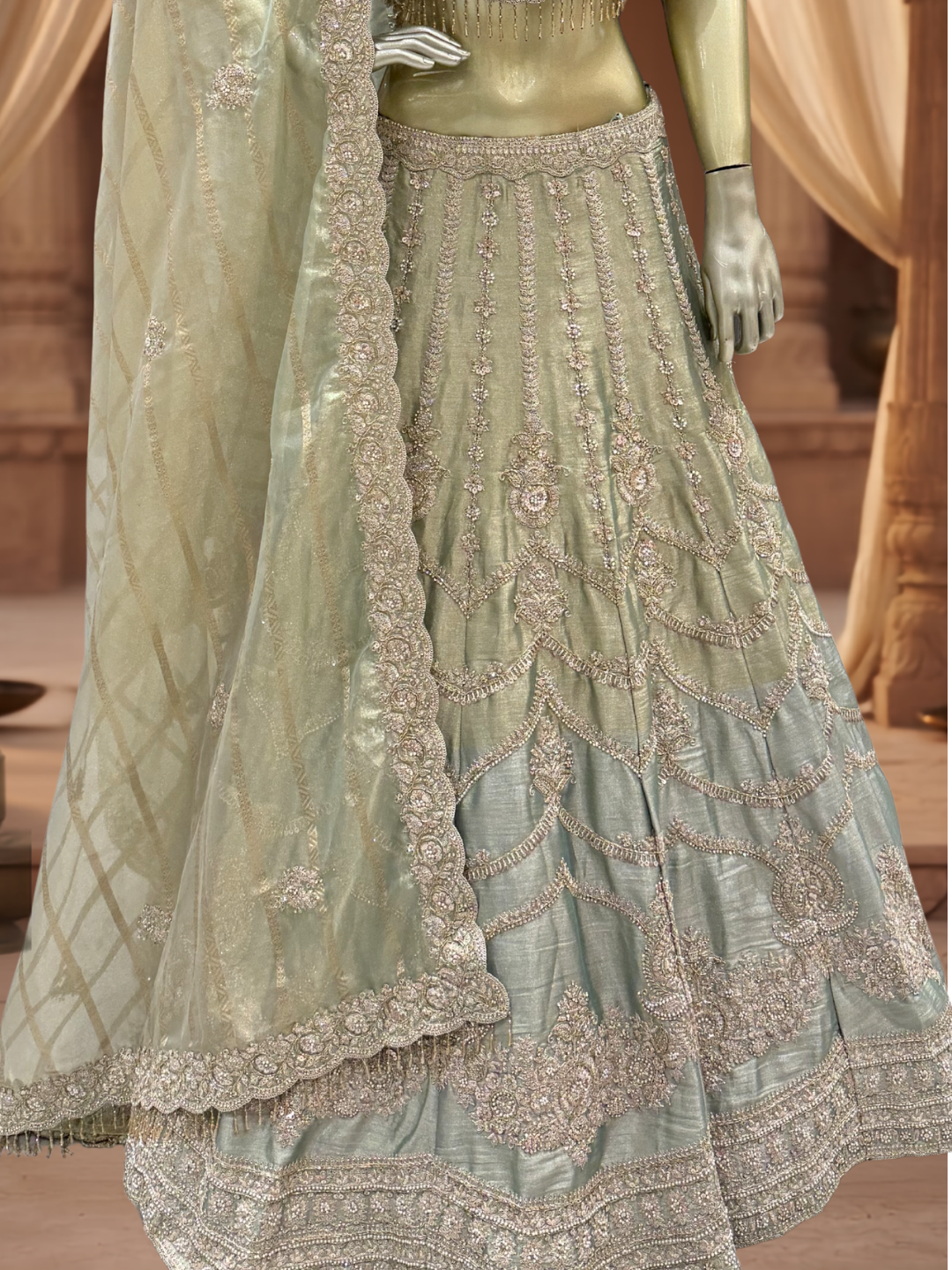 Sage Green Ombre Silk Bridal Lehenga Choli with Heavy Zari, Resham & Cutdana Floral Embroidery with Crystal Tassel Hem & Dupatta