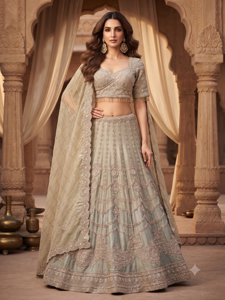 Sage Green Ombre Silk Bridal Lehenga Choli with Heavy Zari, Resham & Cutdana Floral Embroidery with Crystal Tassel Hem & Dupatta