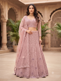 Dusty Pink Net Lehenga Choli with Heavy Resham, Cutdana & Pearl Embroidery with Sequin Striped Sleeves & Net Dupatta