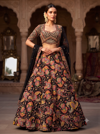 Black Silk Lehenga Choli with Multicolour Resham Paisley & Floral Print, Zari & Pearl Embroidered Blouse with Black Dupatta