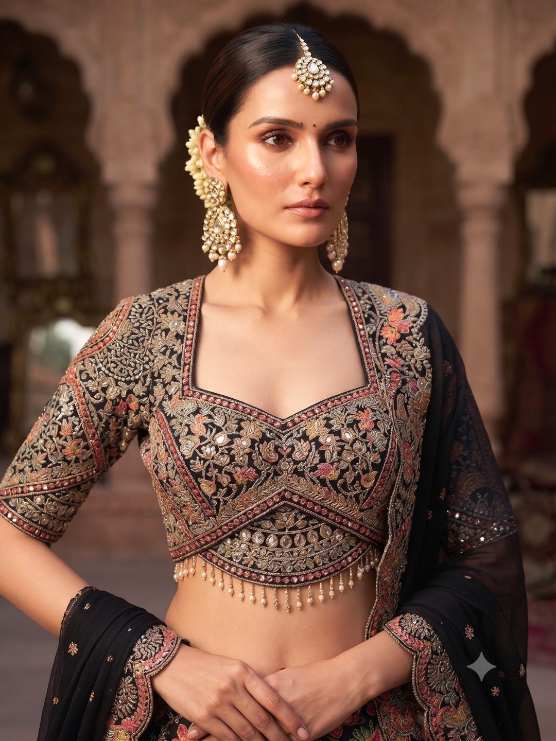 Black Silk Lehenga Choli with Multicolour Resham Paisley & Floral Print, Zari & Pearl Embroidered Blouse with Black Dupatta