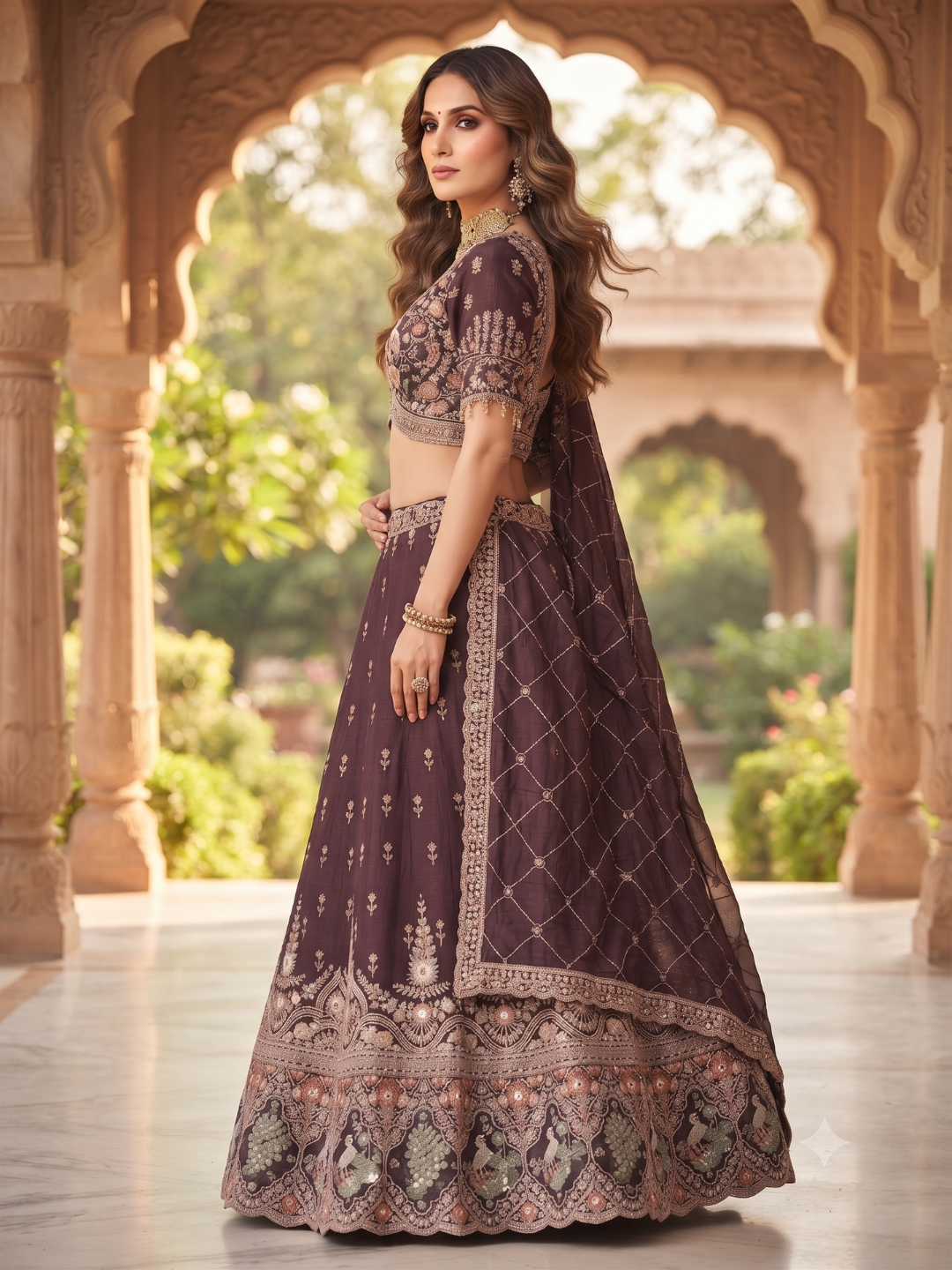Silk Lehenga Choli with Zari & Resham Floral Embroidery, Crane Motif Blouse & Pearl Tassel Hem with Dupatta