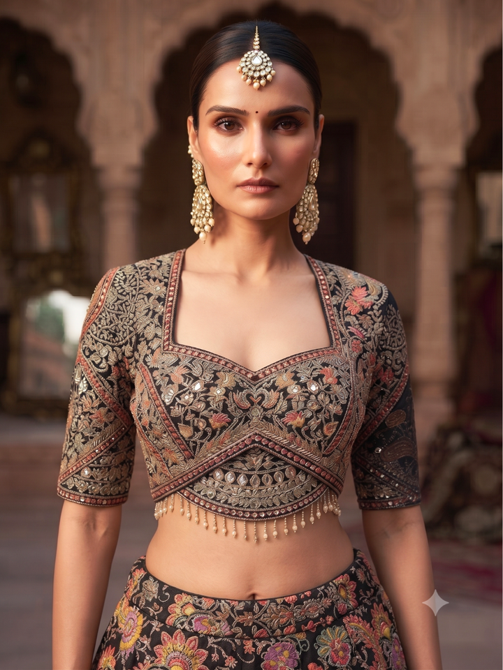 Black Silk Lehenga Choli with Multicolour Resham Paisley & Floral Print, Zari & Pearl Embroidered Blouse with Black Dupatta