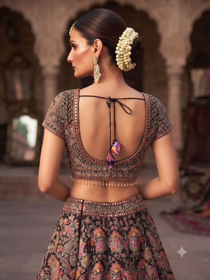 Black Silk Lehenga Choli with Multicolour Resham Paisley & Floral Print, Zari & Pearl Embroidered Blouse with Black Dupatta