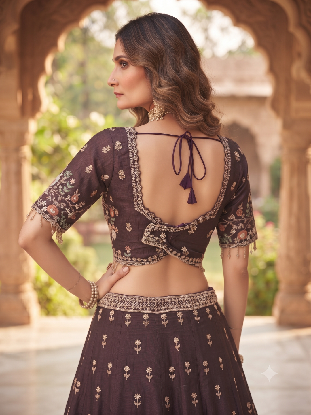 Silk Lehenga Choli with Zari & Resham Floral Embroidery, Crane Motif Blouse & Pearl Tassel Hem with Dupatta