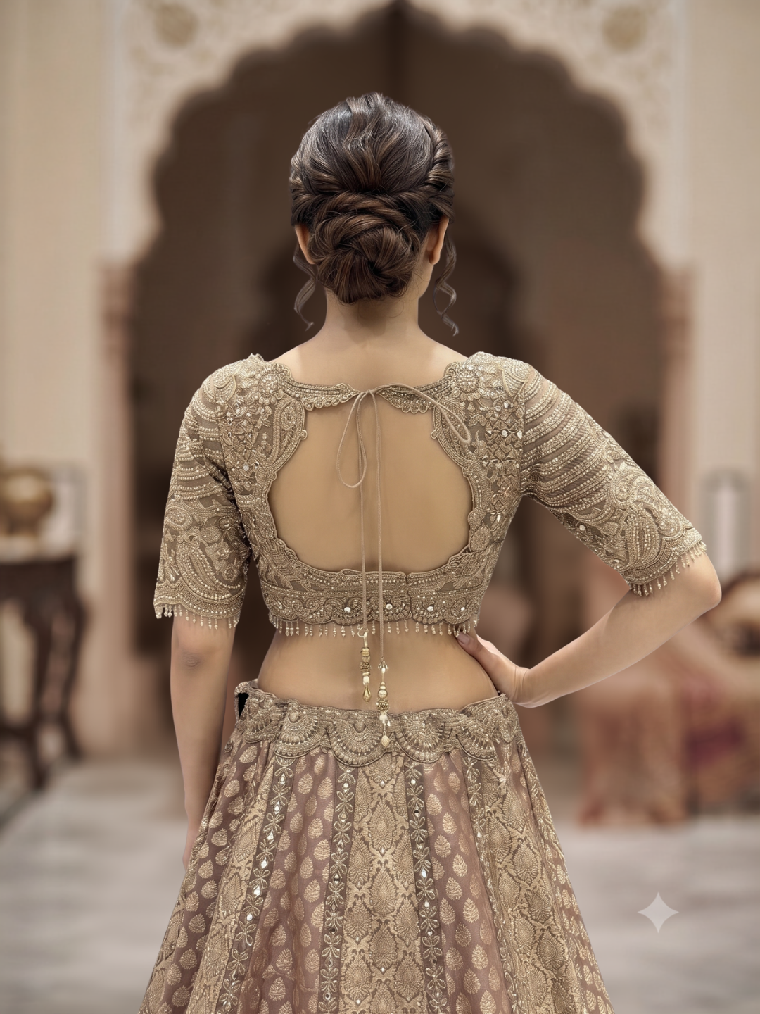 Net Bridal Lehenga Choli with Heavy Zari, Cutdana & Stone Embroidery with Scalloped Dupatta