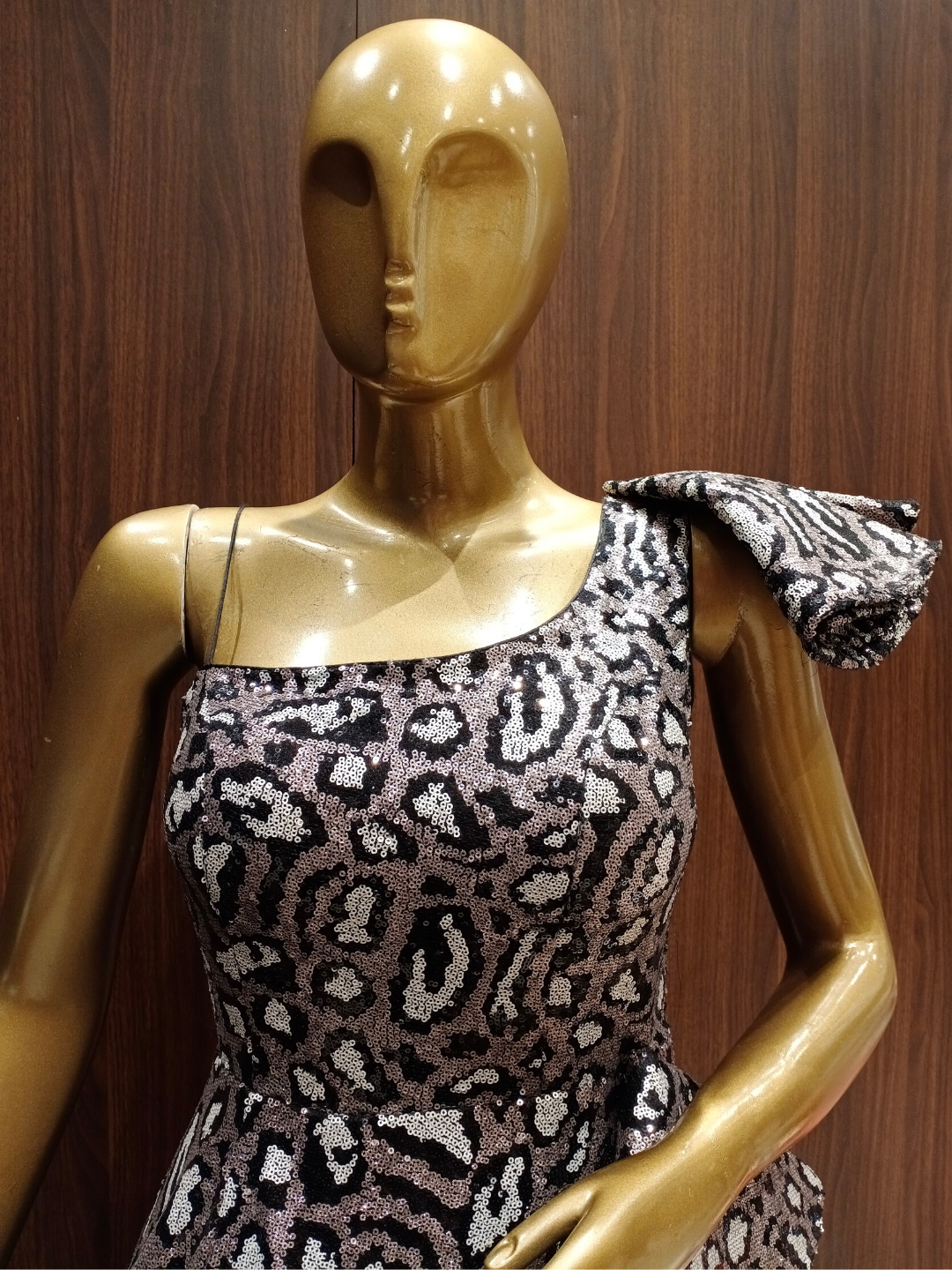 Ruffled Shoulder Flared Sequence Gown With Black,Gold Embellishments