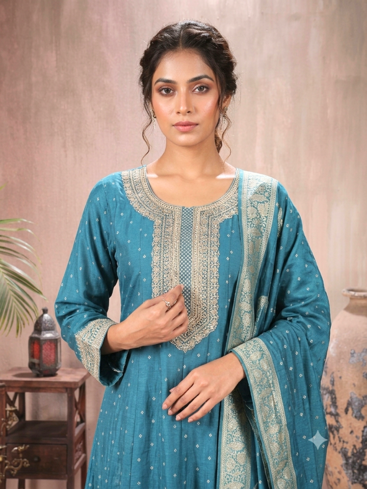 Silk Bandhani Zari Embroidered Anarkali with Banarasi Dupatta in Blue
