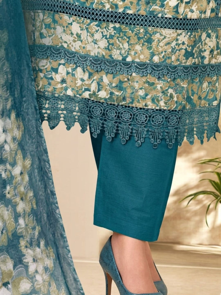 Cotton Floral Printed & Lace Detailed Unstitched Suit Dupatta in Teal & Beige