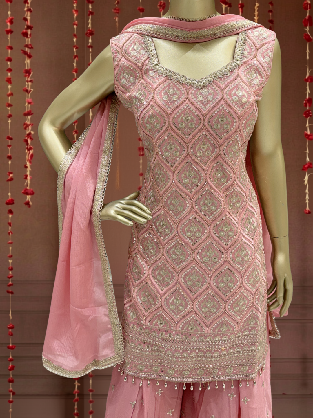 Sequinned Resham Embroidered Georgette Kurta with Sharara and Dupatta with Geometric Jaal Pattern