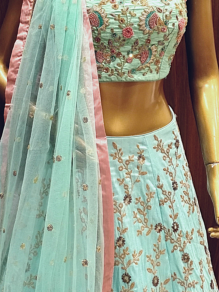 Heavy Flared Silk Lehenga Set with Floral Resham Embroidery