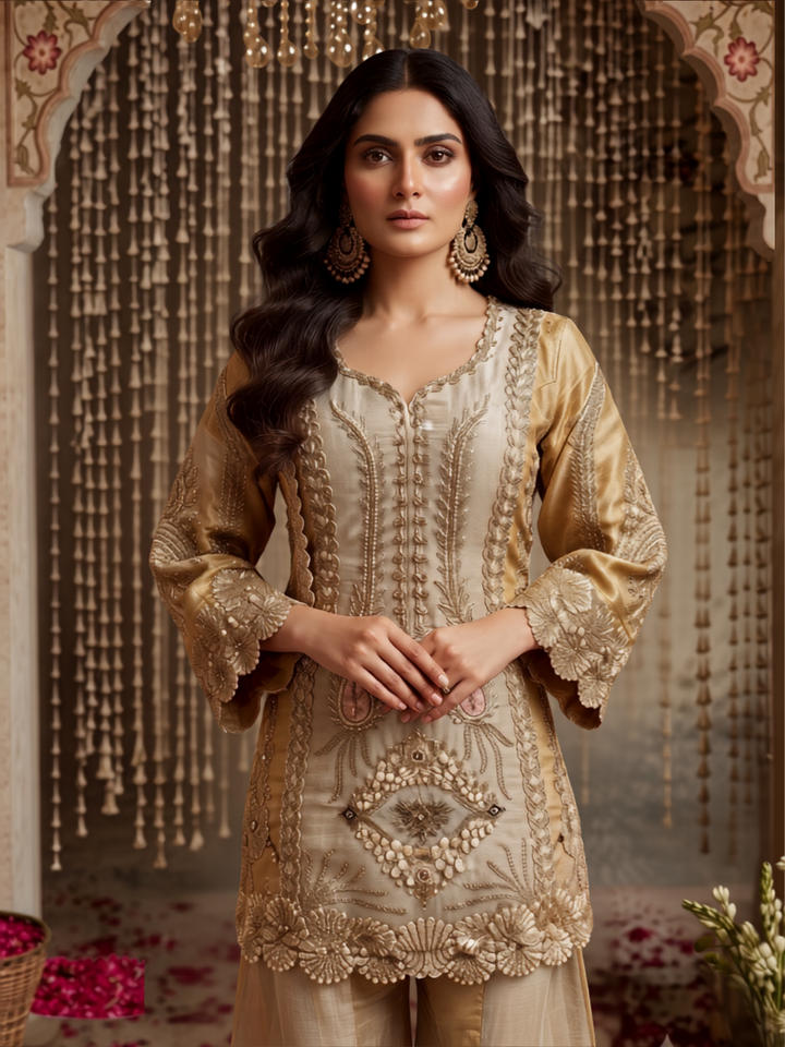 Dual-Tone Embroidered Kurta with Sharara Set in Beige Gold
