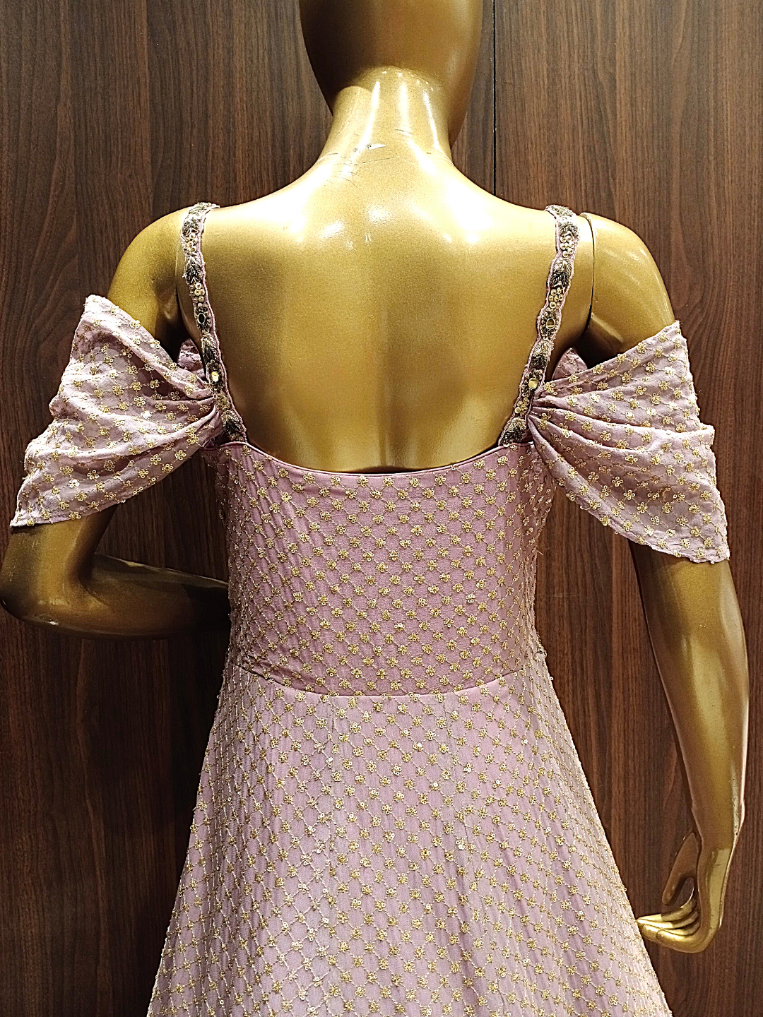 Pastel Pink Sequence Embellished Cocktail Gown with Ruffled Stylised Sleeves