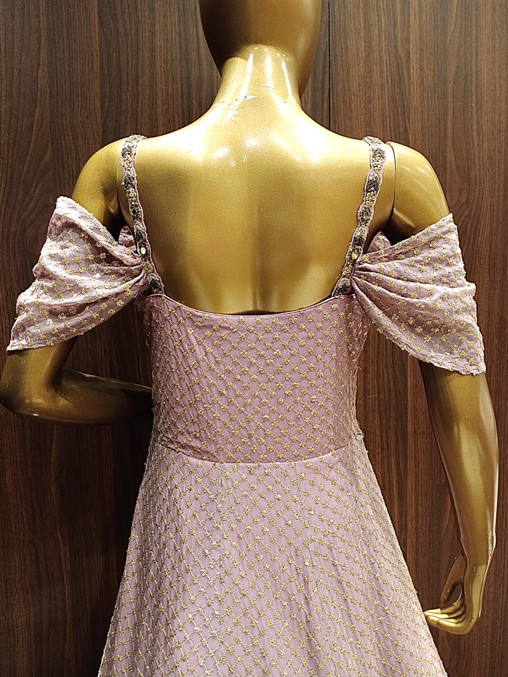 Pastel Pink Sequence Embellished Cocktail Gown with Ruffled Stylised Sleeves