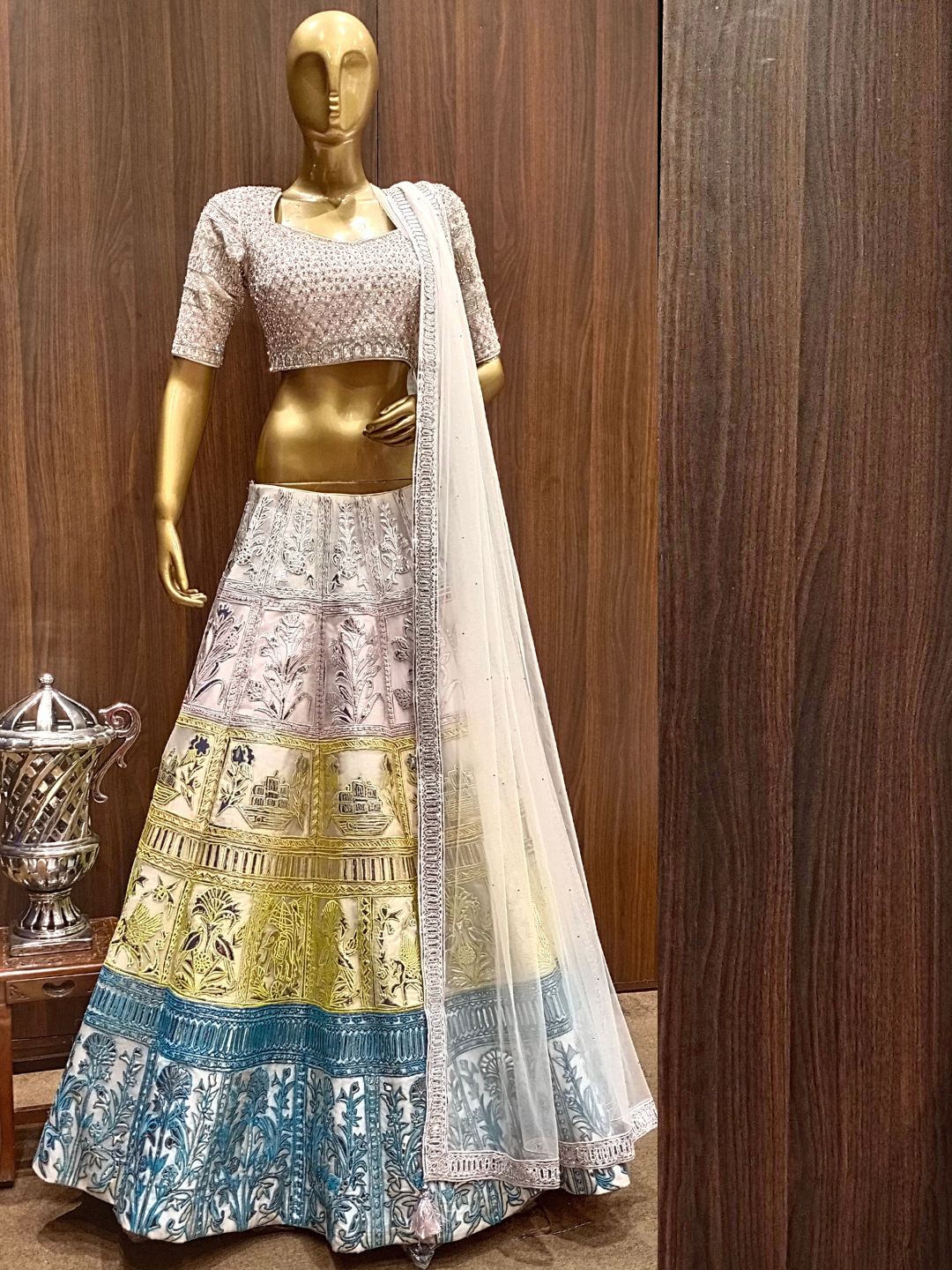 Silver Patchwork Lehenga Set with Heavy Crystal Hand Embellished Blouse